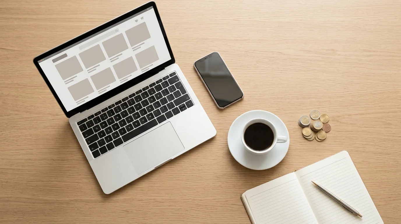 Schreibtisch mit Laptop, Smartphone, Kaffee, Notizbuch und Euro-Münzen