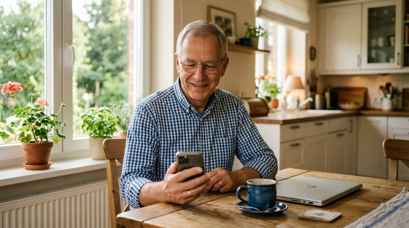 Älterer Mann mit Smartphone am Küchentisch, Laptop und Kaffee im Hintergrund