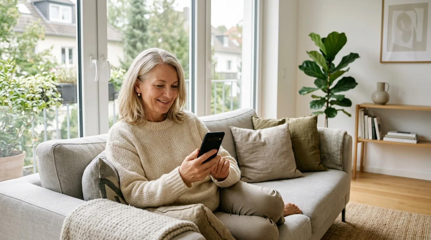 Frau Mitte 50 lächelt entspannt auf ihr Smartphone in einem hellen Wohnzimmer
