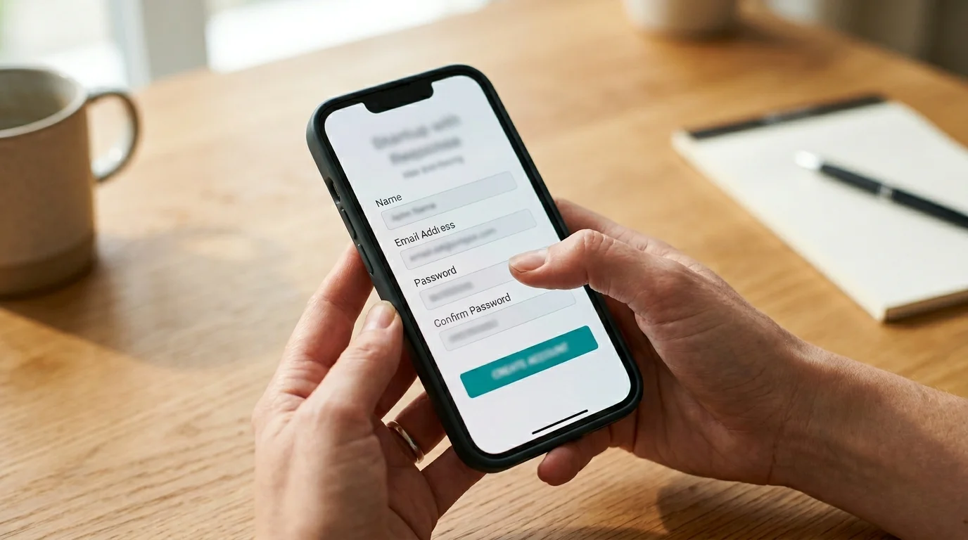 Hände halten ein Smartphone mit einem einfachen Anmeldeformular